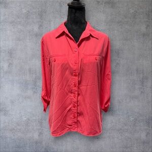 Laura Scott Petite Size Large Bright Pink Button up Blouse w/ Roll Tab Sleeves